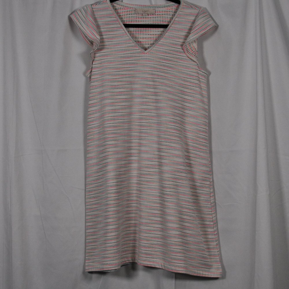 Loft V-Neck Rainbow Striped Ruffle Sleeve Swing Dress Size: Medium